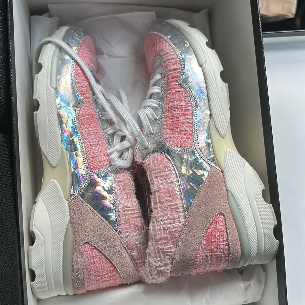 Silver and pink Chanel sneakers